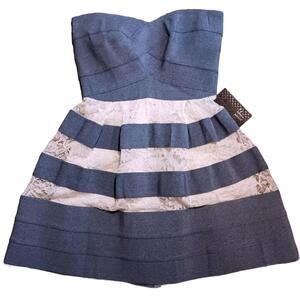NEW Studio F Strapless Bandage Lace Striped Fit & Flare Dress Blue/White, Size 8